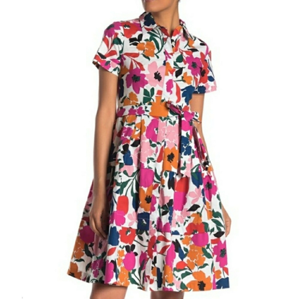 Donna Morgan Floral Shirt Dress A-Line Tie Waist Collared Shirt Dress Size 14